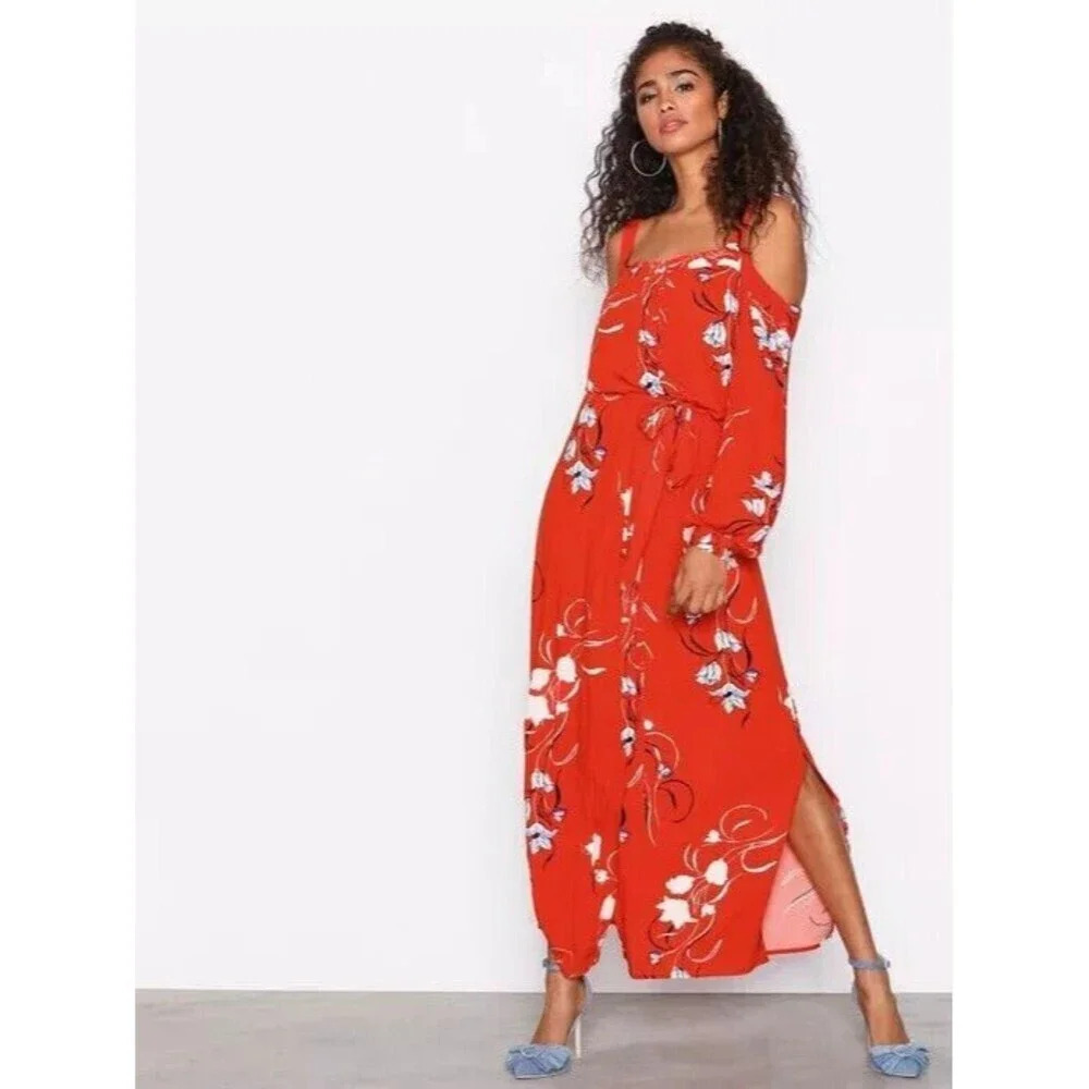 Yas Womens Red Maxi Dress Large Bluebells LS Ancle Floral Cold Shoulder - Picture 12 of 12